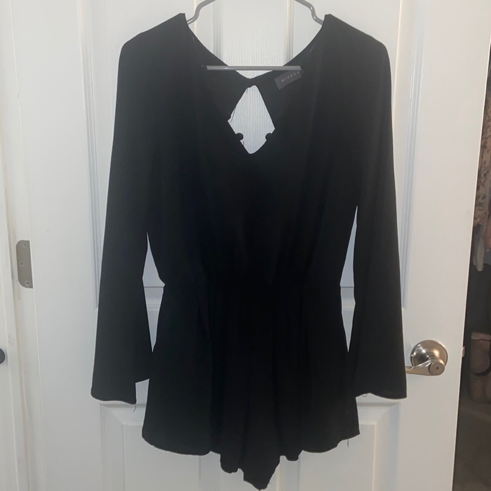 Black Romper with Pockets and Bell Sleeves
